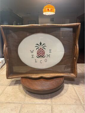 B 36.  Vintage Welcome Cross Stitch Wall Hanging Serving Tray.